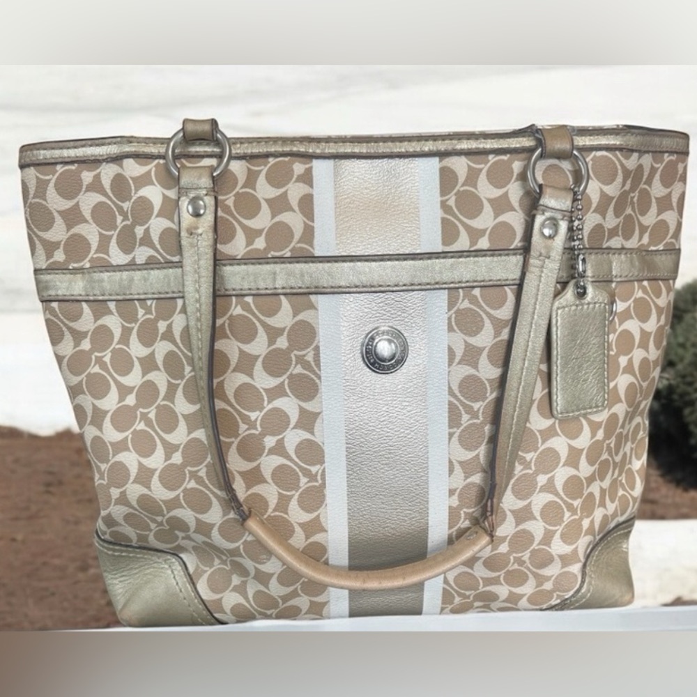 Coach Tan and Gold Signature Tote Bag